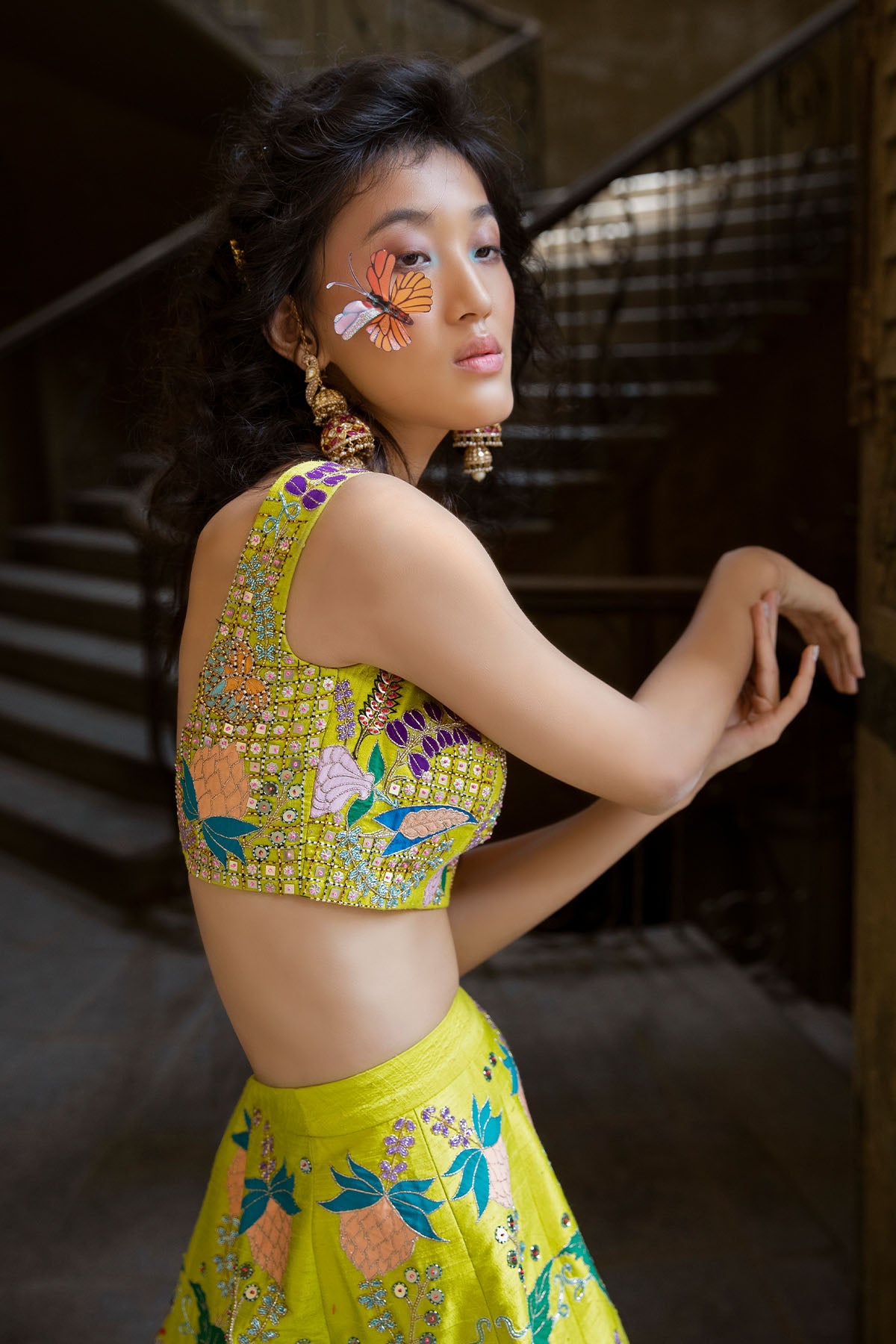 Lime raw silk texture with applique from side