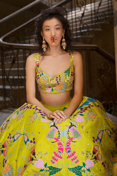 Lime blouse and lehenga front applique detailing
