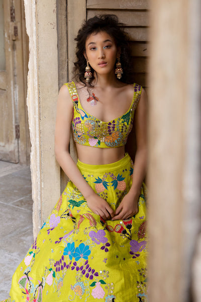 Close-up of lime raw silk embroidery work