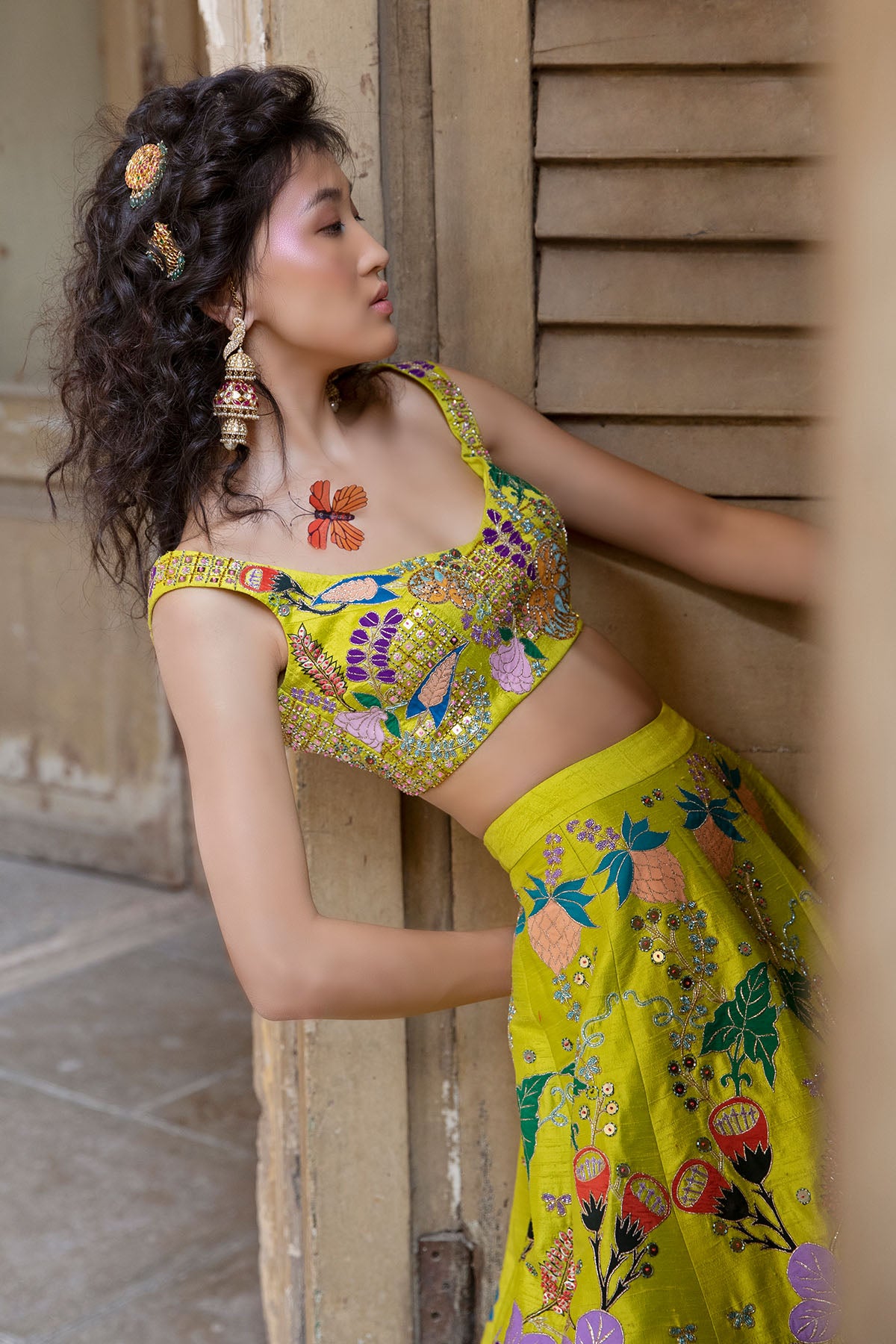 Full right side view of lime lehenga set