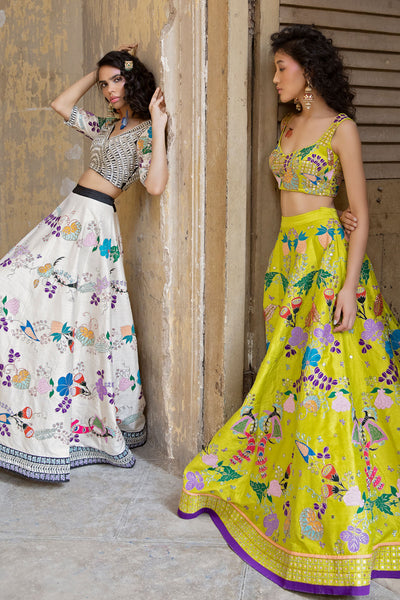 Applique lime raw silk lehenga with tulle drape