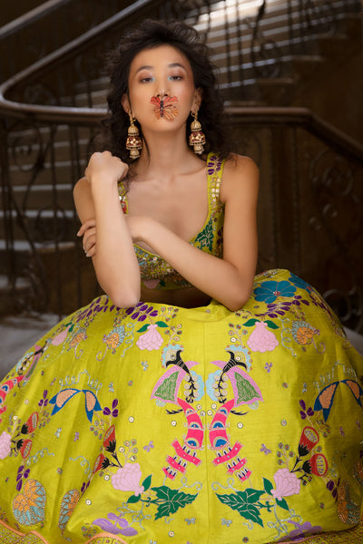 Raw silk lime lehenga set with tulle net dupatta