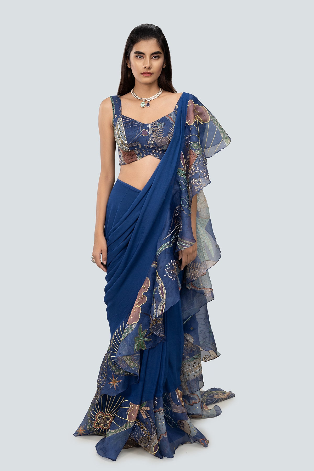 Georgette stitched saree with embellished organza blouse