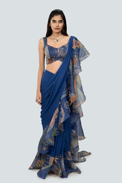 Georgette stitched saree with embellished organza blouse