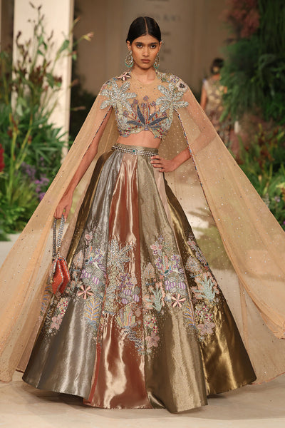 Front view of the Wild At Heart multicolour tissue mk lehenga highlighting applique detailing and the tulle cape blouse