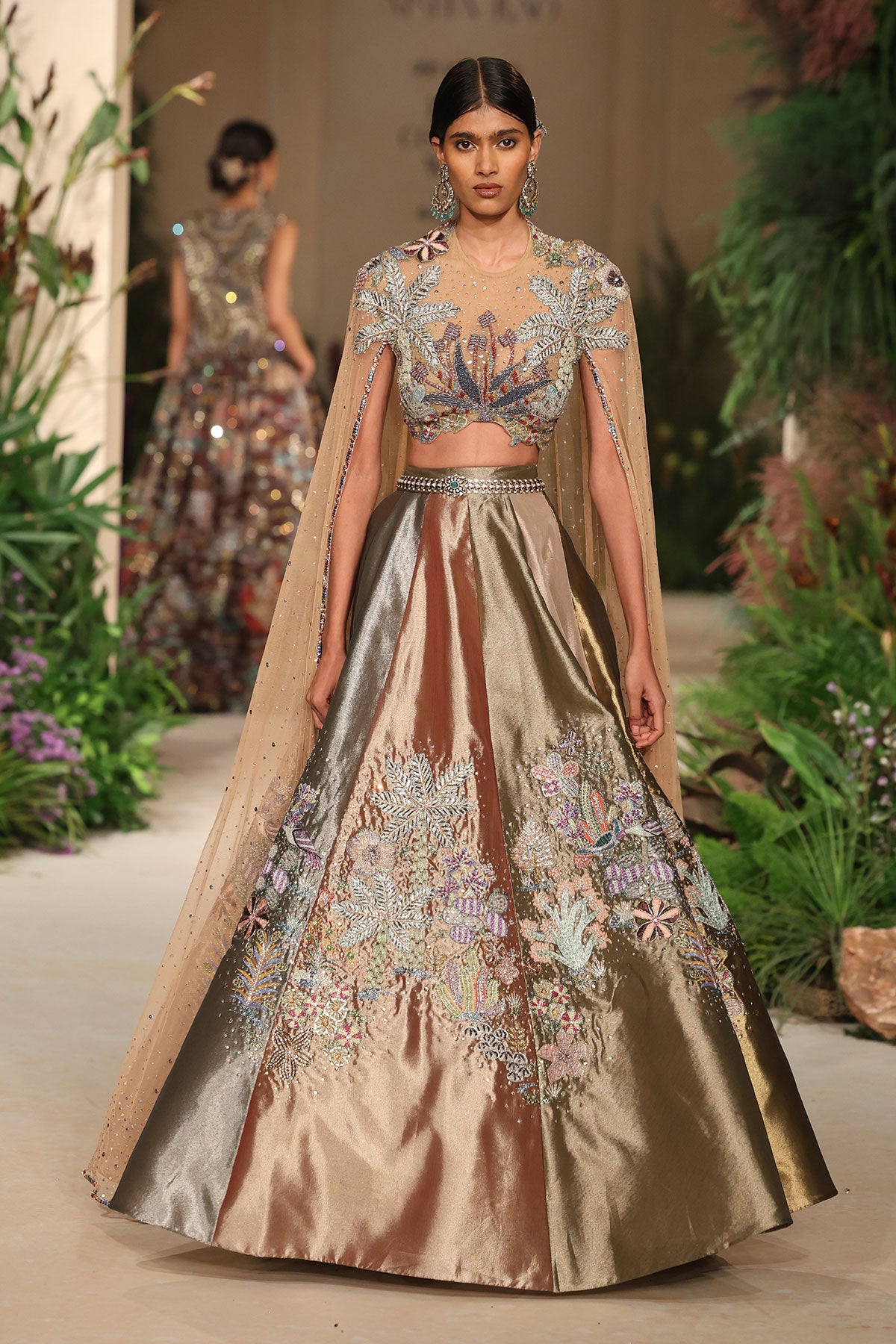Wild At Heart multicolour applique embellished tissue mk lehenga with tulle cape blouse shown in a full couture view