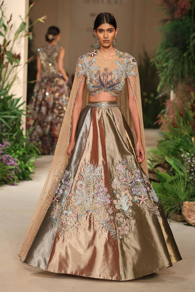 Wild At Heart multicolour applique embellished tissue mk lehenga with tulle cape blouse shown in a full couture view
