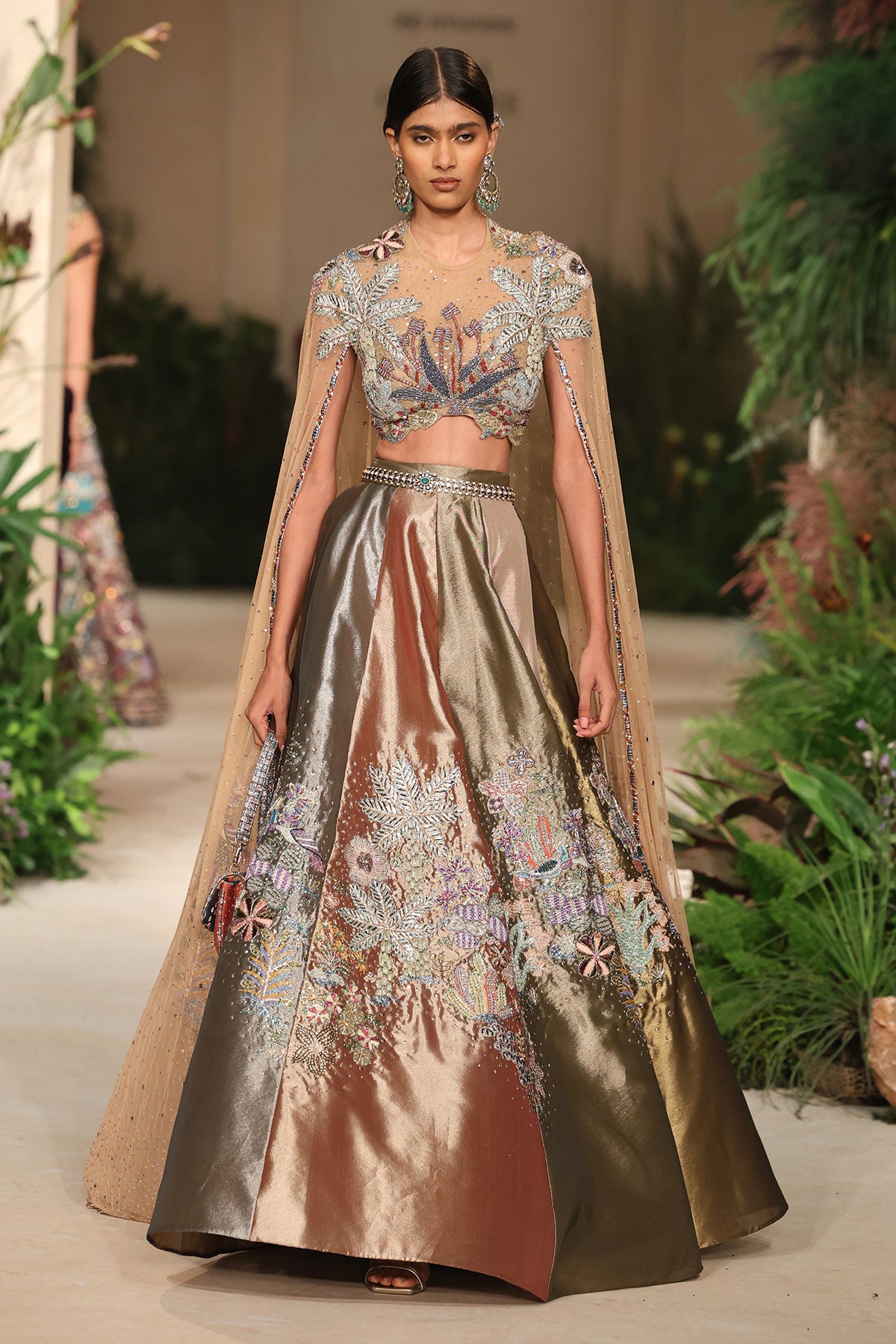 Wild At Heart multicolour tissue mk lehenga captured in motion revealing fluid tissue layers and vibrant applique