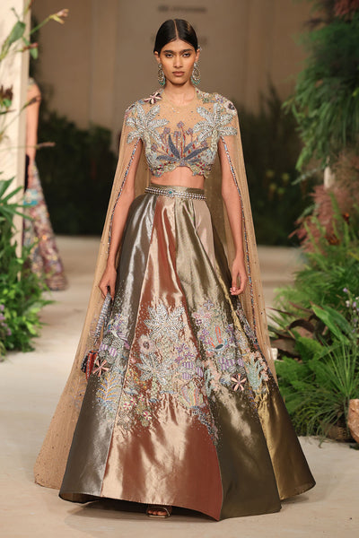 Wild At Heart multicolour tissue mk lehenga captured in motion revealing fluid tissue layers and vibrant applique