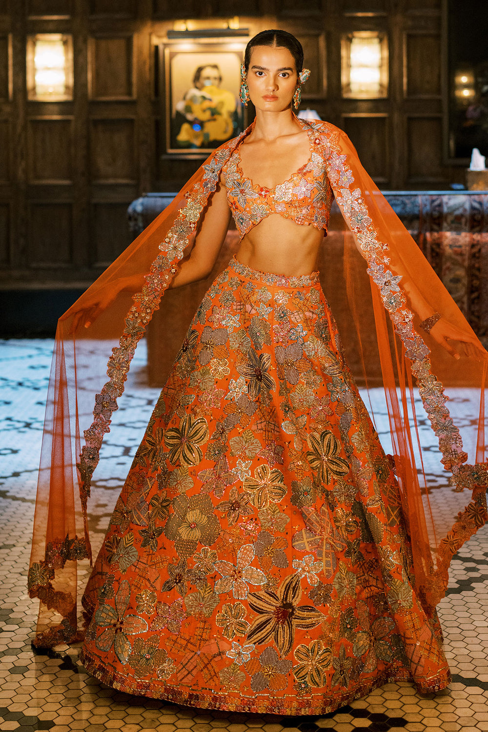 Cyanora - Orange Kasab satin Lehenga