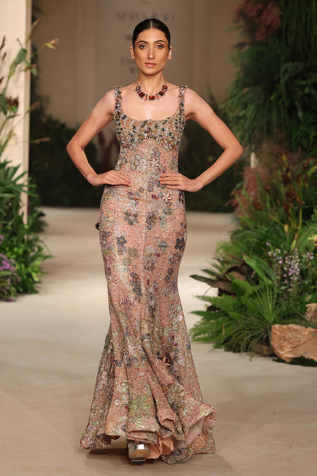 Wild At Heart peach applique embellished sequin tulle gown with beaded crystal bodice detailing shown in a full couture view