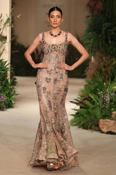 Wild At Heart peach applique embellished sequin tulle gown with beaded crystal bodice detailing shown in a full couture view