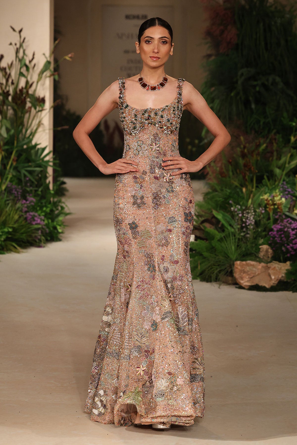 Layered tulle detail from the Wild At Heart peach applique embellished gown showing couture volume