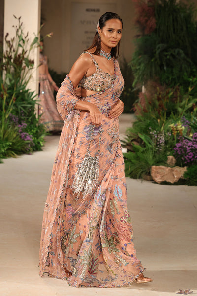 Front drape of the Wild At Heart peach embellished tulle saree highlighting applique artistry and soft fluidity