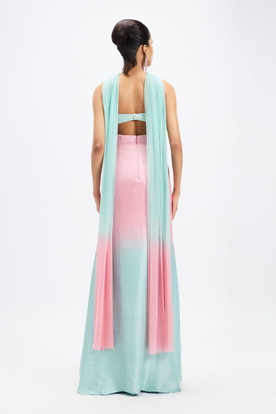 Rear view of Matilda pink aqua ombre maxi dress