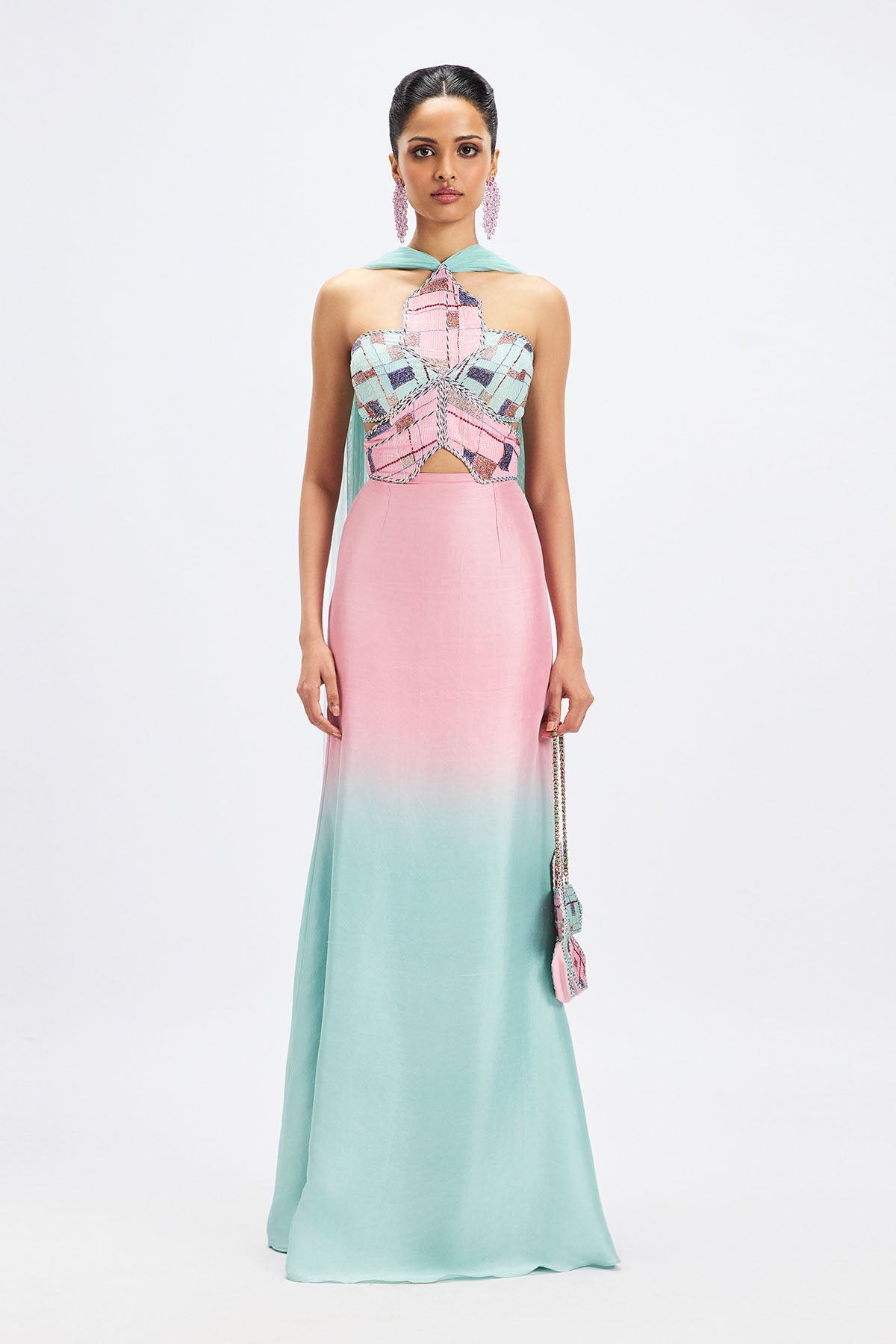 Woman wearing Matilda pink aqua ombre maxi dress