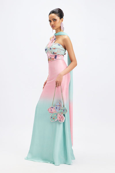 Side view of pink aqua ombre maxi dress with dupatta