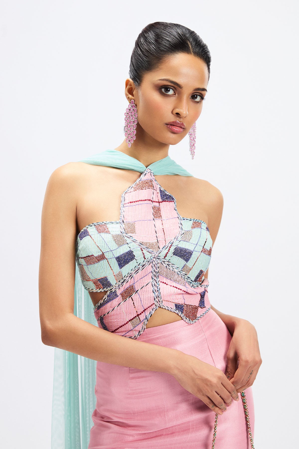 Close-up of applique embellished bodice in ombre silk