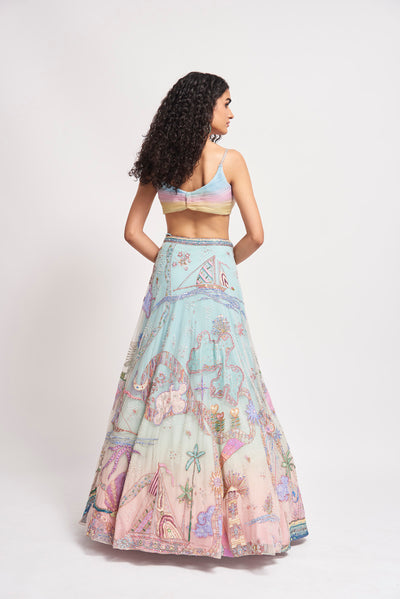 Back view of Baby Pink-Blue lehenga, cape, and blouse