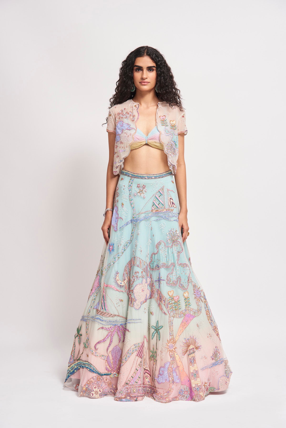 Front view of Starboard & Port Baby Pink-Blue lehenga set