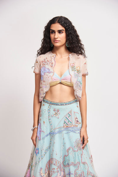 Close-up of front applique and blouse pleats.