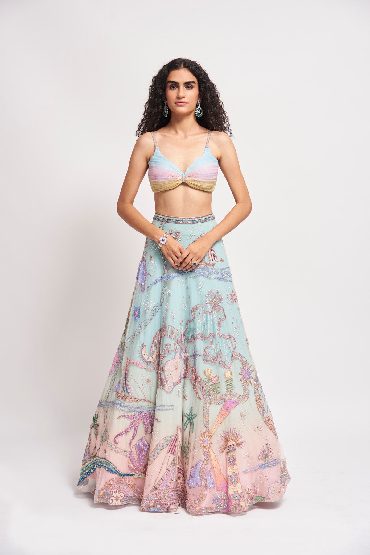 Tulle lehenga with cape and ombre pleated blouse