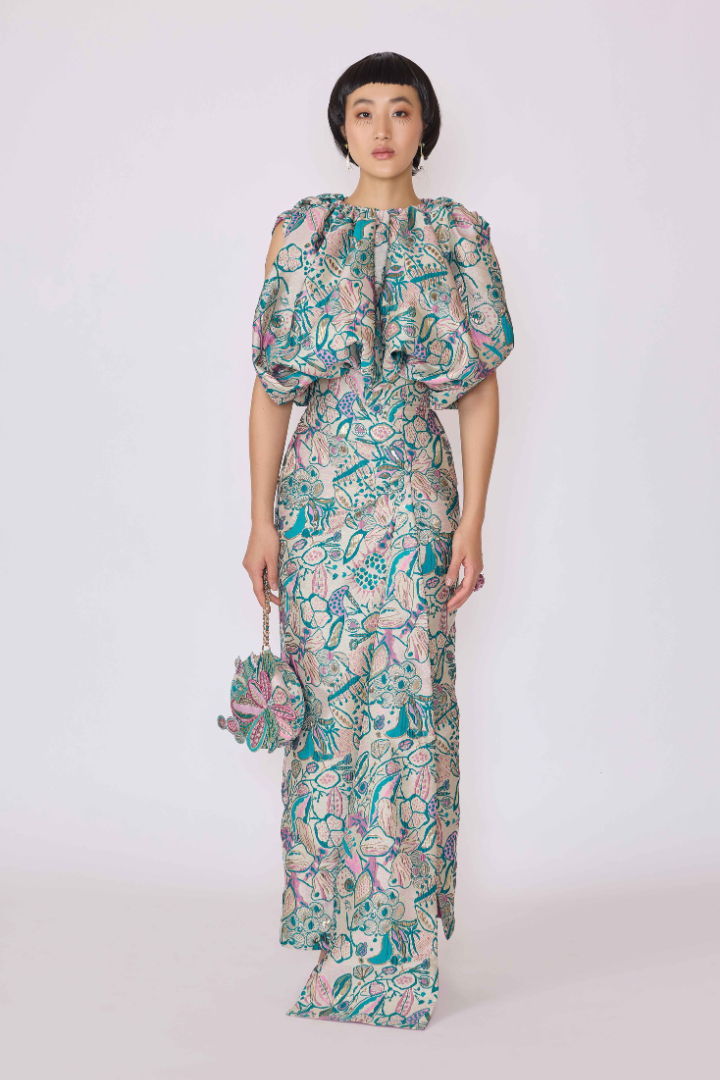 Solstice - Pink Green Jacquard Gown
