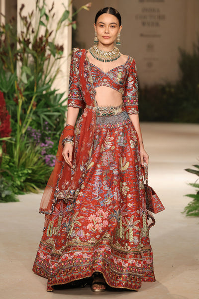 Tulle dupatta detail showing airy couture drape from the Wild At Heart rust lehenga set