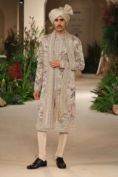 Front view of the Wild At Heart sandstone embellished sherwani highlighting applique craftsmanship and brocade texture