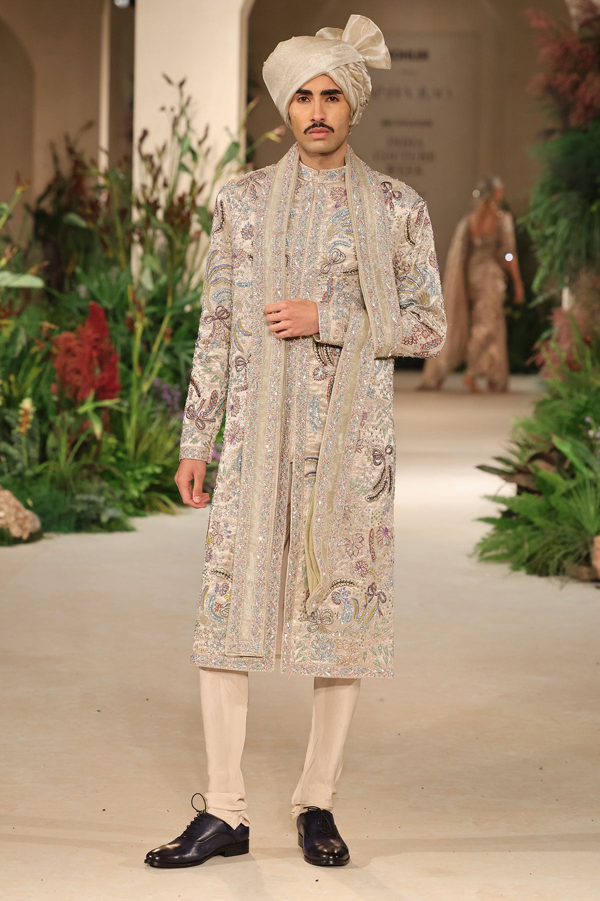 Wild At Heart sandstone applique embellished banarasi tissue brocade sherwani with silky satin pants and tissue stole shown in a full couture view