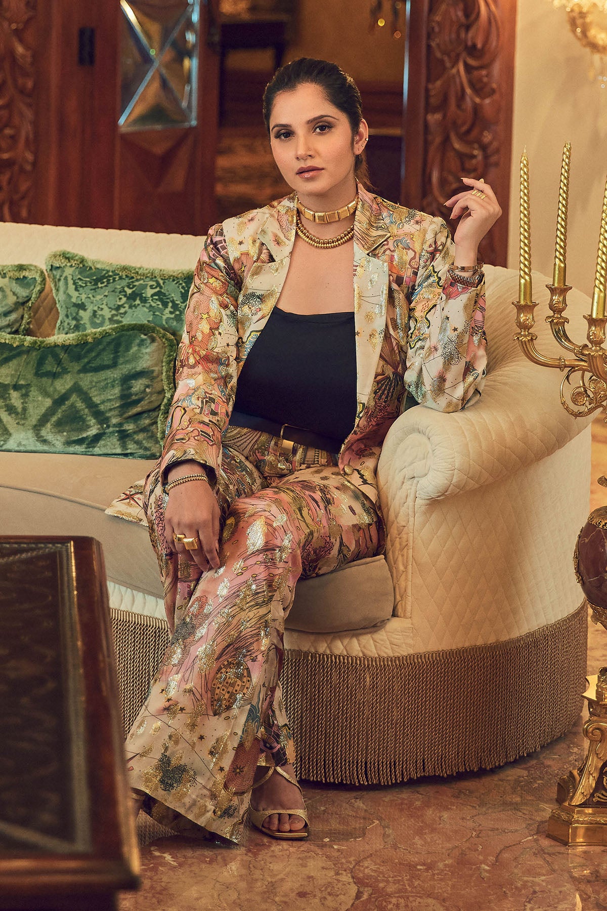 Front view of Ivory Starboard & Port printed jacket and high-waisted trousers.