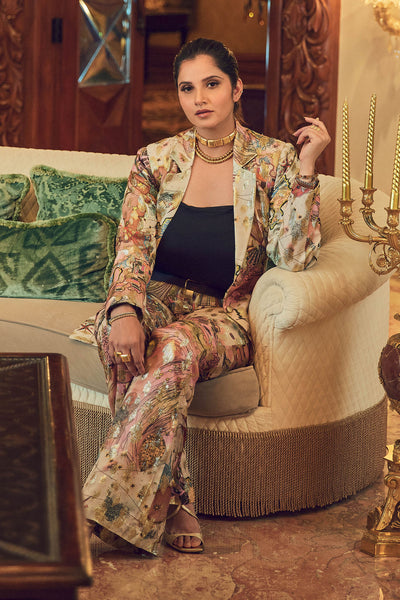 Front view of Ivory Starboard & Port printed jacket and high-waisted trousers.