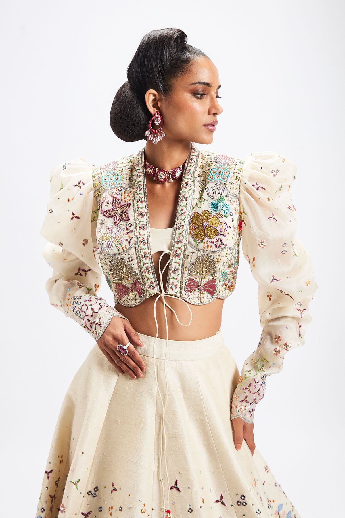 Aisha Rao ivory lehenga blouse and jacket front close-up