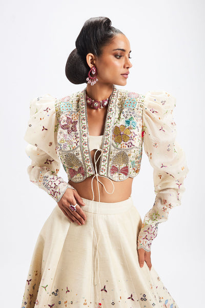 Aisha Rao ivory lehenga blouse and jacket front close-up