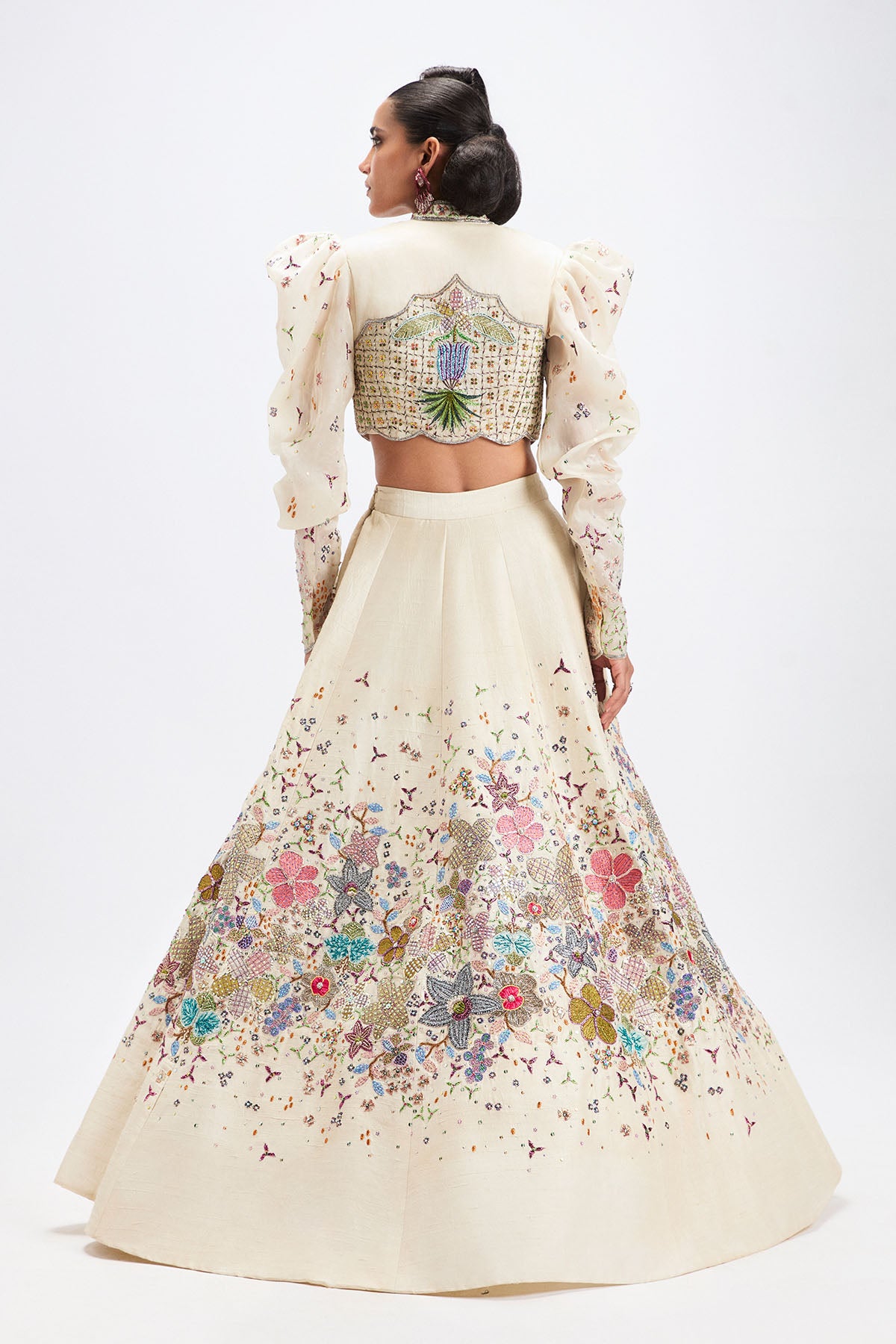 Aisha Rao ivory applique lehenga with jacket rear profile