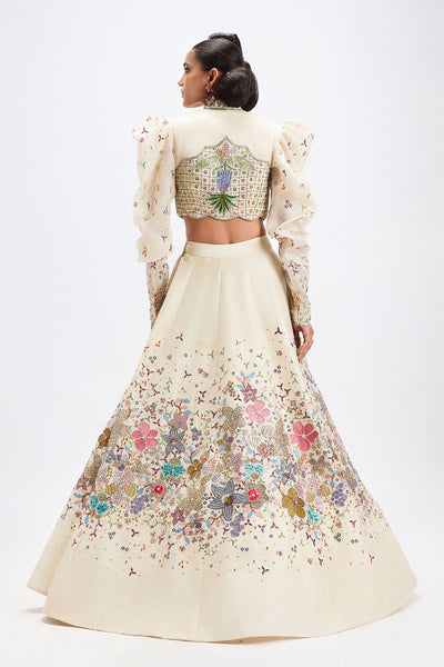 Aisha Rao ivory applique lehenga with jacket rear profile