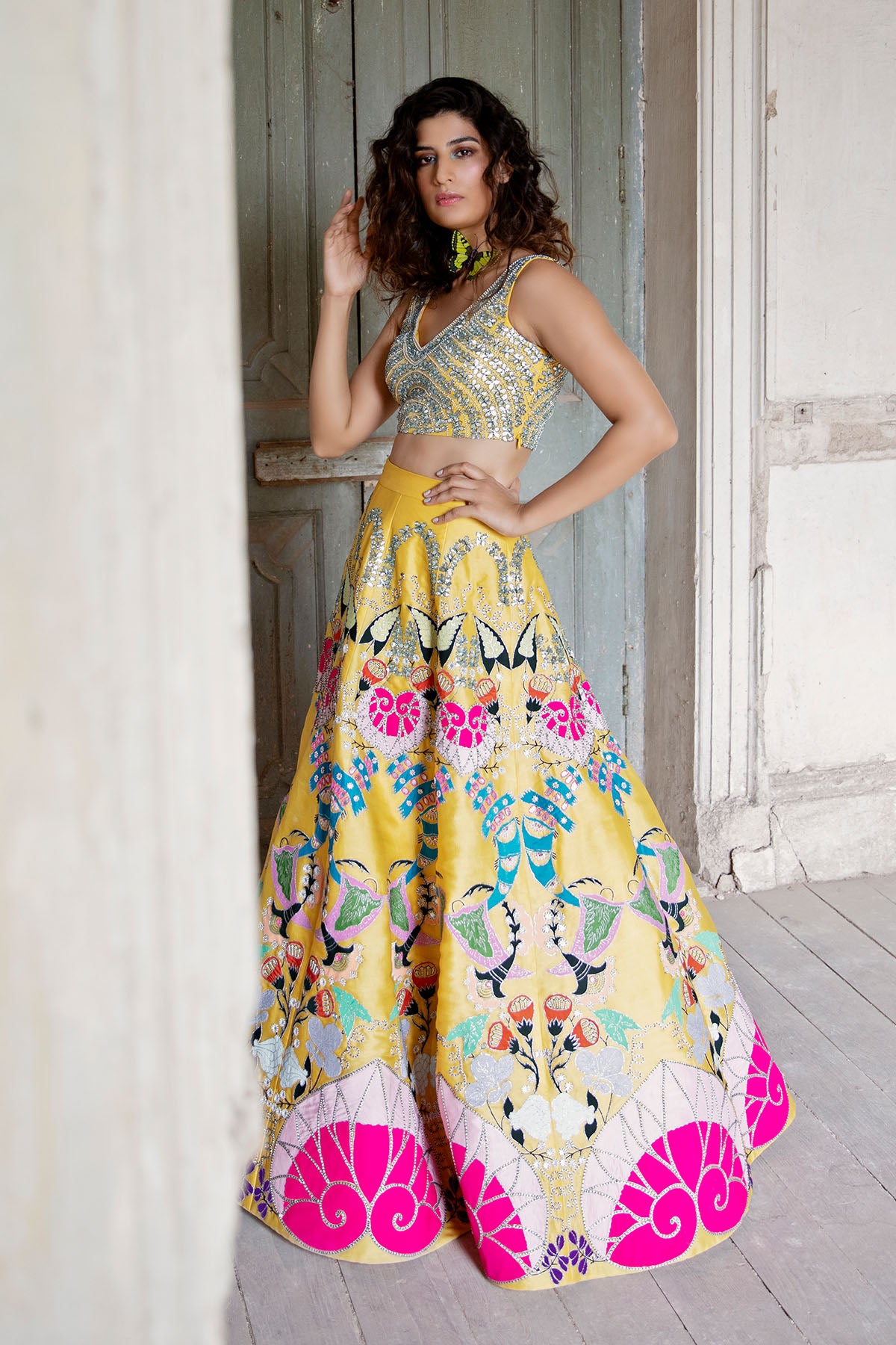 Side view of yellow organza lehenga with dupatta