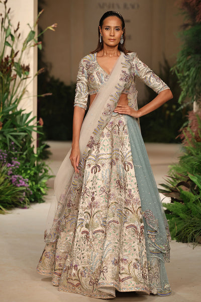 Applique detail from the Wild At Heart silver banarasi tissue brocade bow hk lehenga showcasing intricate handcrafted motifs