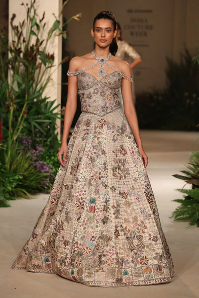 Applique detail from the Wild At Heart silver banarasi tissue brocade check hk lehenga highlighting handcrafted motifs