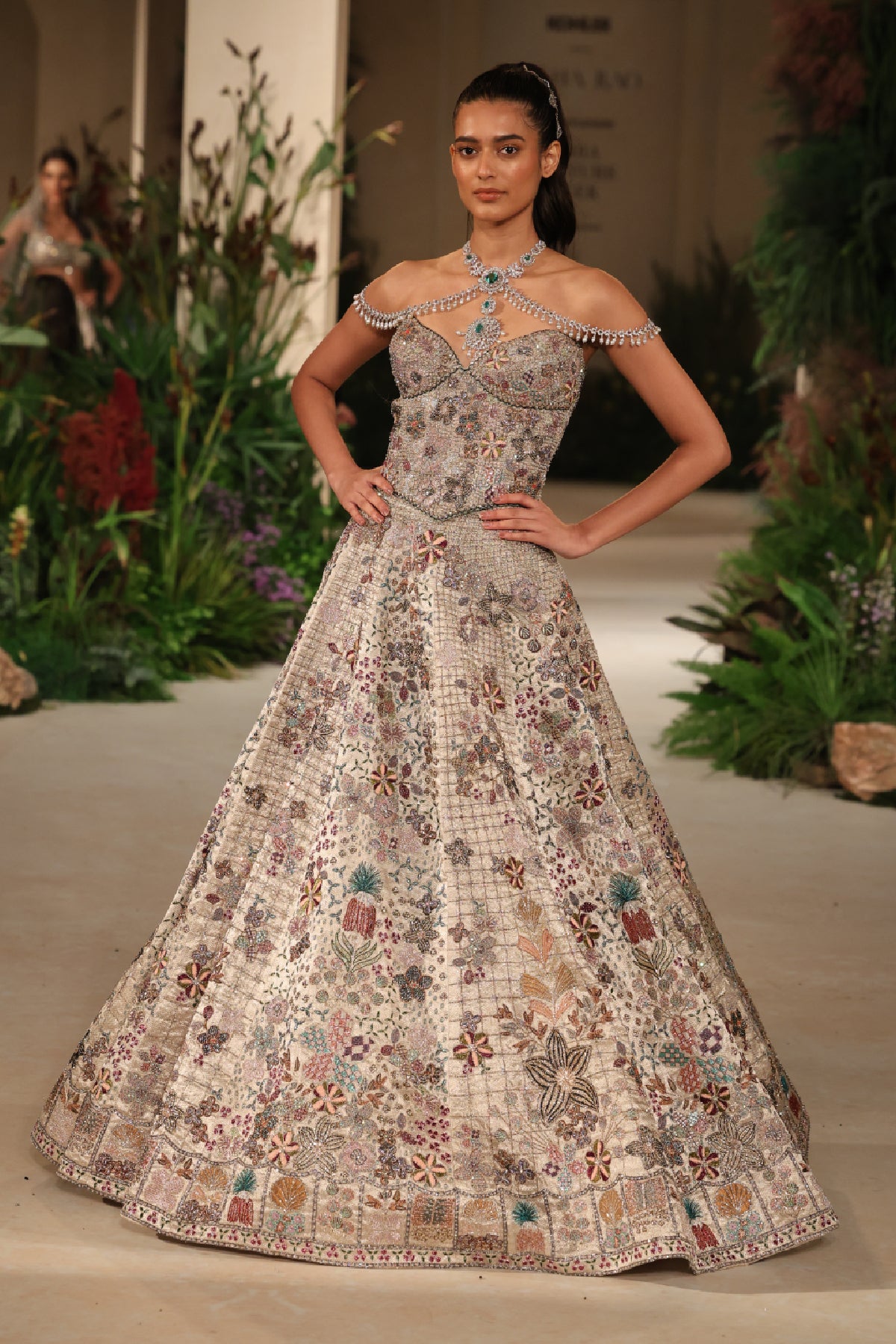 Wild At Heart silver applique embellished banarasi tissue brocade check hk lehenga with corset blouse shown in a full couture view