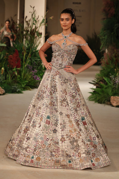 Wild At Heart silver applique embellished banarasi tissue brocade check hk lehenga with corset blouse shown in a full couture view