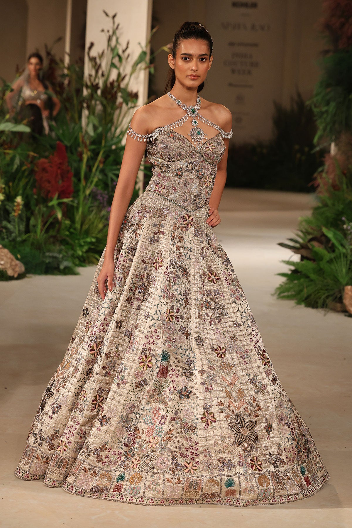 Flowing skirt detail showing the Wild At Heart silver check hk lehenga’s movement and embellished richness