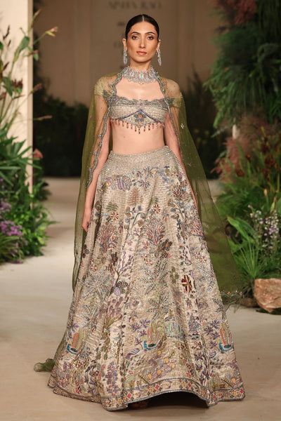 Wild At Heart silver check lehenga captured in motion revealing shimmering brocade and soft tulle veil movement