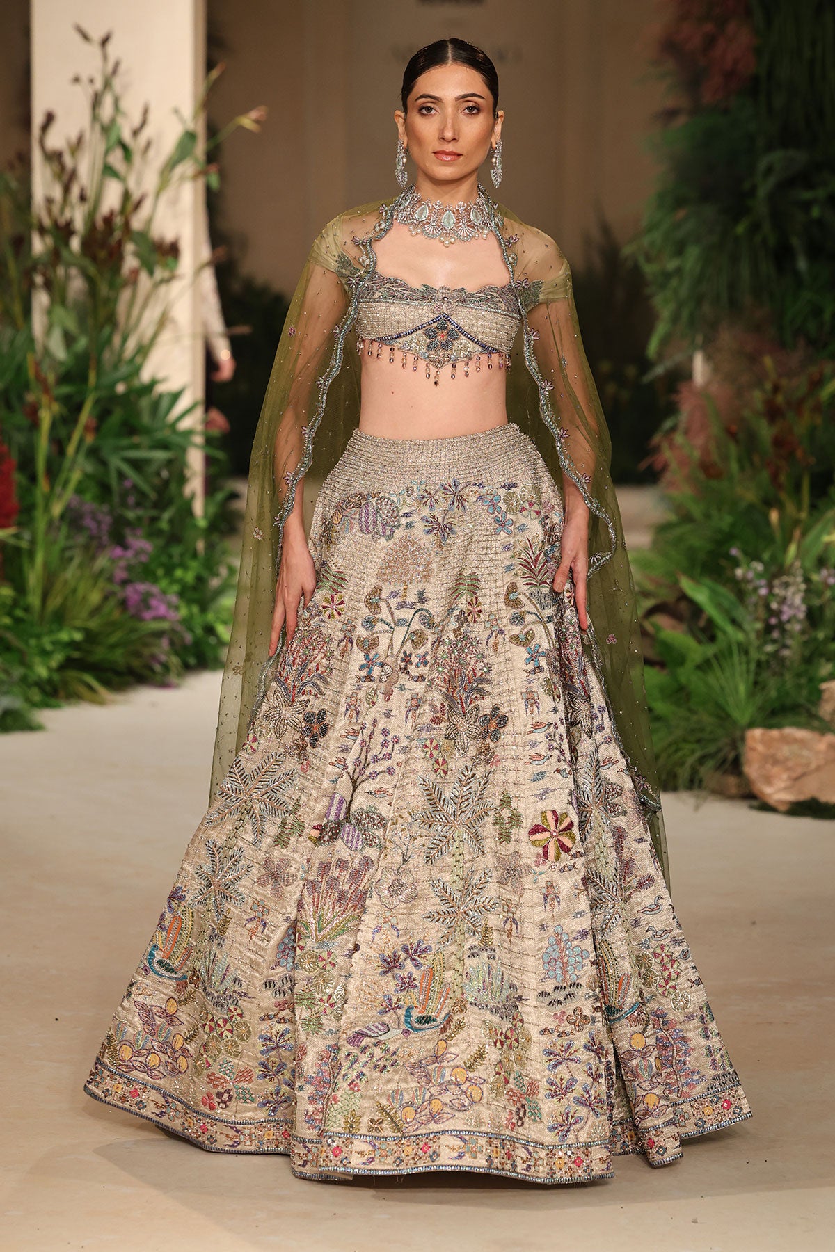 Waistline detail showing couture shaping and applique embellishment from the Wild At Heart silver lehenga