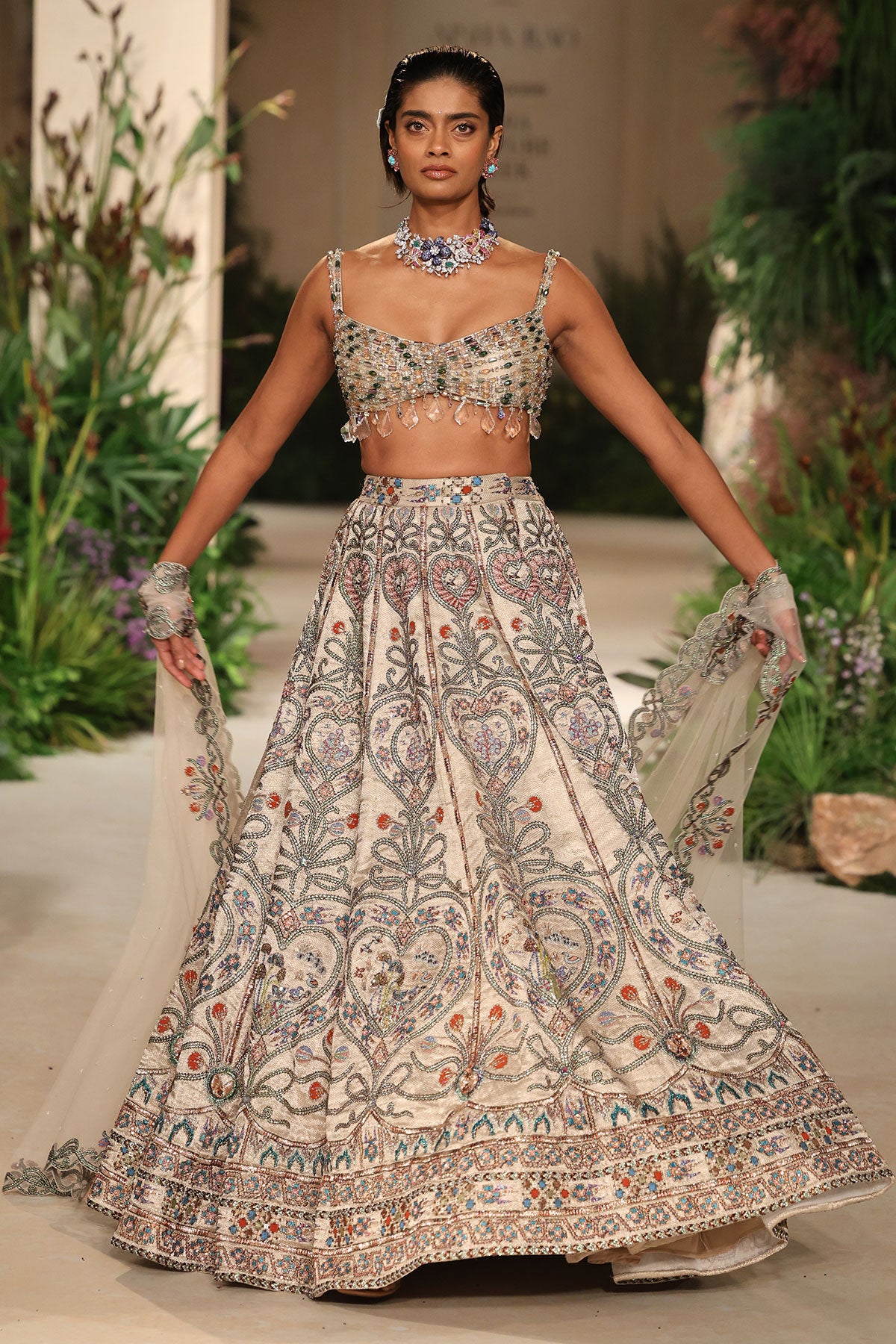 Skirt volume detail showing the Wild At Heart heart lehenga’s sculpted silhouette and embellished finesse