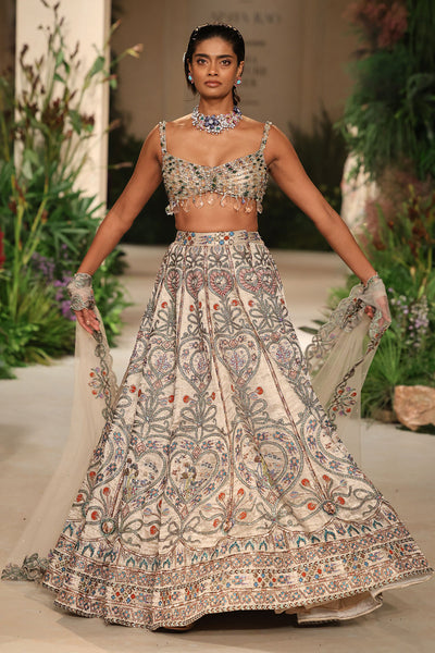 Skirt volume detail showing the Wild At Heart heart lehenga’s sculpted silhouette and embellished finesse