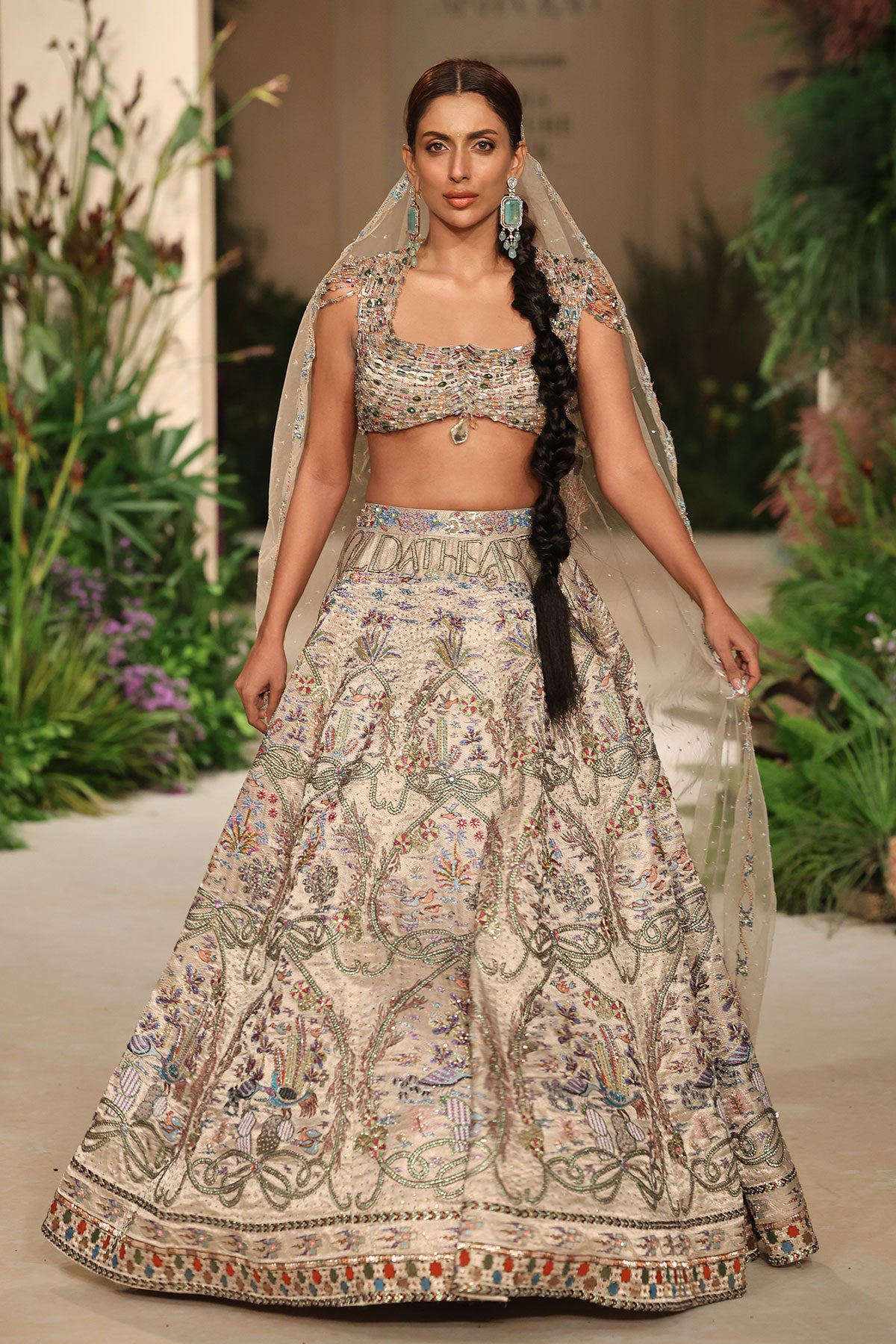 Flowing skirt detail showing the Wild At Heart silver embellished banarasi brocade movement