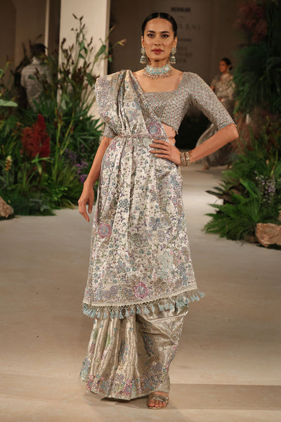 Front view of the check blouse styled with the silver tissue brocade saree