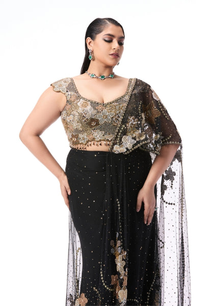 SOLETTE - black tulle draped saree
