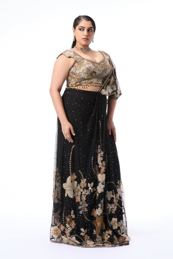 SOLETTE - black tulle draped saree